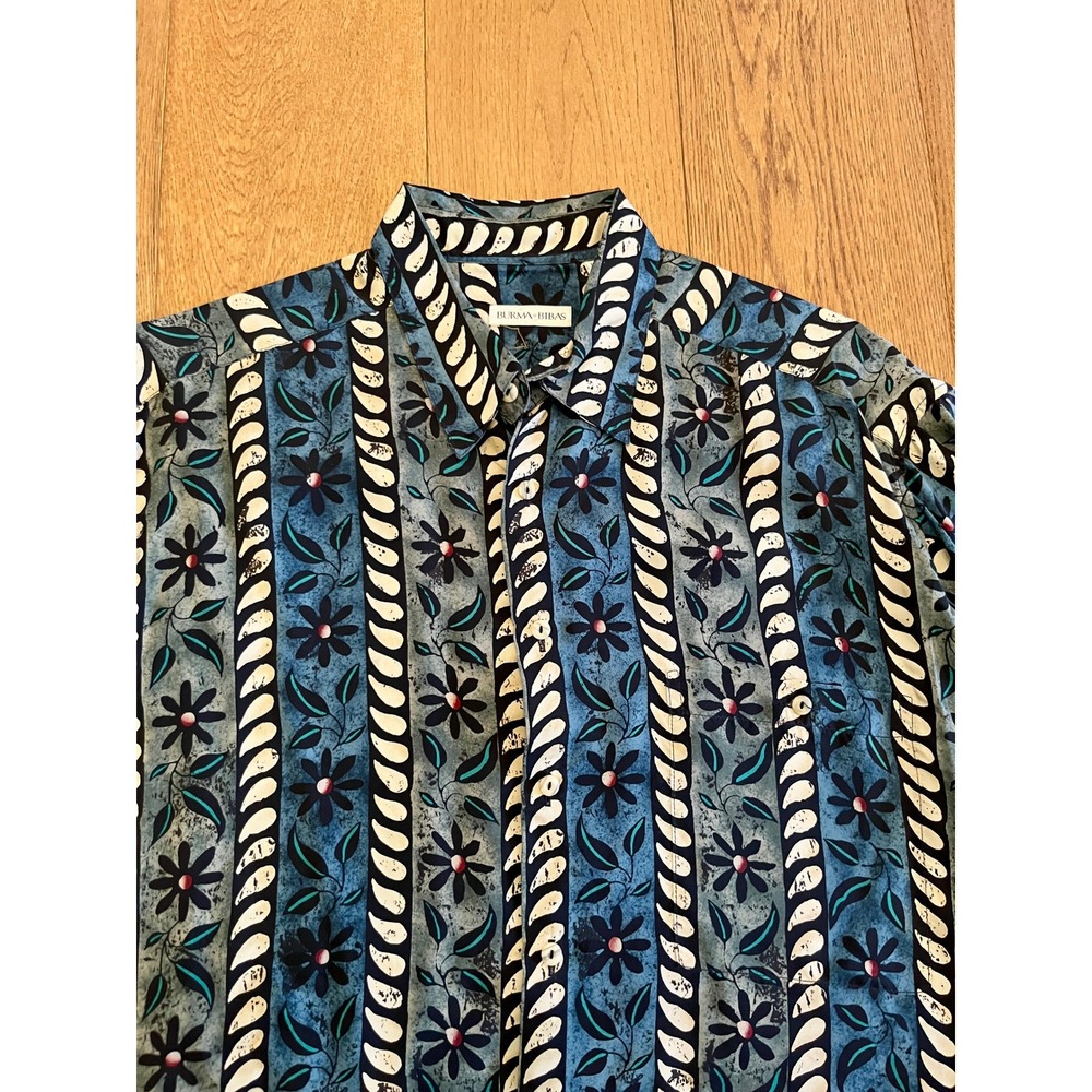 Burma Bibas Mens Large 100% Silk Abstract Geometric Floral Short Sleeve Shirt
